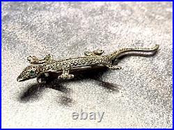 Vintage Sterling Silver Brooch Marcasite Lizard Emerald Eyes Scottish 7.29g