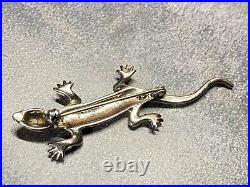 Vintage Sterling Silver Brooch Marcasite Lizard Emerald Eyes Scottish 7.29g