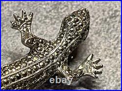 Vintage Sterling Silver Brooch Marcasite Lizard Emerald Eyes Scottish 7.29g