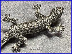 Vintage Sterling Silver Brooch Marcasite Lizard Emerald Eyes Scottish 7.29g