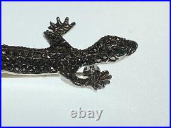 Vintage Sterling Silver Brooch Marcasite Lizard Emerald Eyes Scottish 7.29g