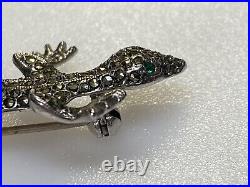 Vintage Sterling Silver Brooch Marcasite Lizard Emerald Eyes Scottish 7.29g