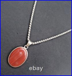 Vintage Sterling Silver & Scottish Banded Agate Pendant + 21 Heavy Stg. Chain