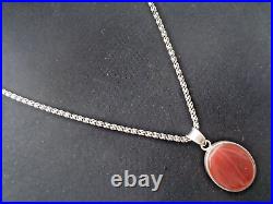 Vintage Sterling Silver & Scottish Banded Agate Pendant + 21 Heavy Stg. Chain