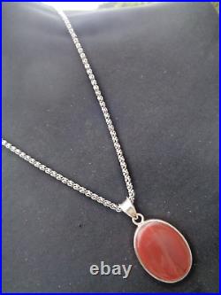 Vintage Sterling Silver & Scottish Banded Agate Pendant + 21 Heavy Stg. Chain
