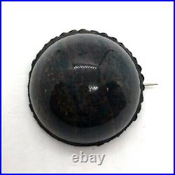 Vintage antique sterling Scottish bloodstone jasper huge round dome brooch pin