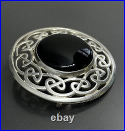 Vtg Brooch Scottish Sterling Silver 925 Black Agate Or Black Onyx 1.75in Signed