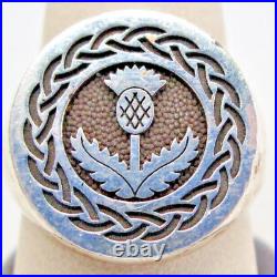 Vtg Sterling Silver 925 Engraved Scottish Thistle Signet Ring Heavy Sz 11.5