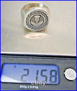 Vtg Sterling Silver 925 Engraved Scottish Thistle Signet Ring Heavy Sz 11.5