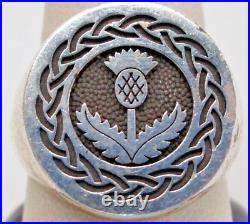 Vtg Sterling Silver 925 Engraved Scottish Thistle Signet Ring Heavy Sz 11.5