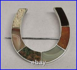 Vtg c1900 Mixed Scottish Hardstone Agate Sterling Silver Lucky Horseshoe Brooch